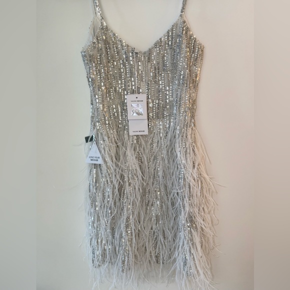 NWT Nadine Merabi Christy Dress - White Feathers & Silver Sequins, Size Small - Picture 2 of 7